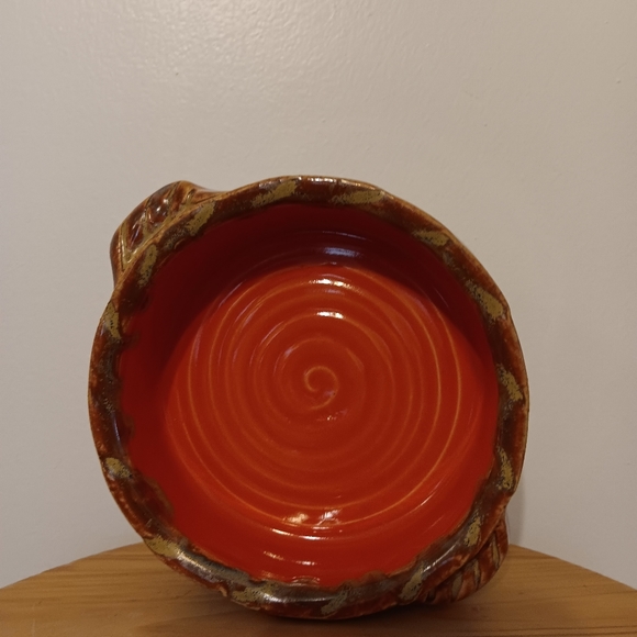 Art Pottery Orange & Brown/Tan Drip glaze dog or car bowl /soup turrine - Picture 4 of 5